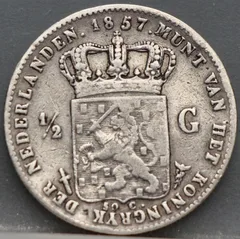 ½ Gulden 1857 Nederland Zilver — Willem III achterzijde, Zilver 945/1000