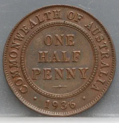 1/2 Penny 1936 Australië — Brons voorzijde