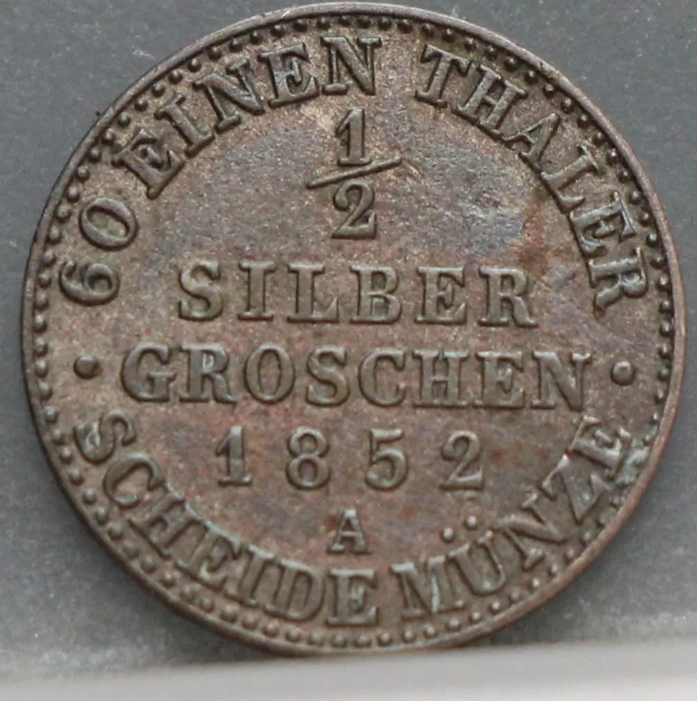 1/2 Silbergroschen 1852 Pruisen — Zilver voorzijde