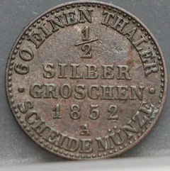 1/2 Silbergroschen 1852 Pruisen — Zilver voorzijde