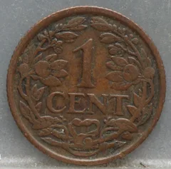 1 Cent 1927 Wilhelmina — Brons achterzijde, Nederland