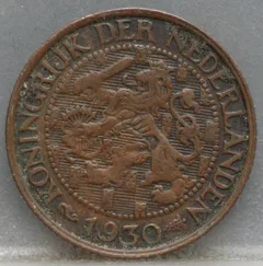 1 Cent 1930 Wilhelmina — Brons voorzijde