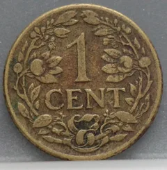 1 Cent 1943 P — Geelkoper, Suriname & Curaçao achterzijde