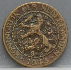 1 Cent 1943 P Wilhelmina — Geelkoper voorzijde