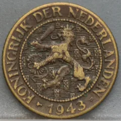 1 Cent 1943 P Wilhelmina — Geelkoper voorzijde