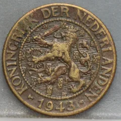 1 Cent 1943 P Wilhelmina — Geelkoper voorzijde