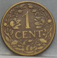 1 Cent 1943 P Wilhelmina — Geelkoper achterzijde