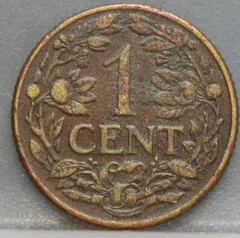 1 Cent 1943 P Wilhelmina — Geelkoper achterzijde