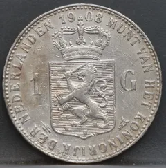 1 Gulden 1908 — Wilhelmina Zilver achterzijde, Zilver .945