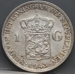 1 Gulden 1943 D — Wilhelmina voorzijde, zilver