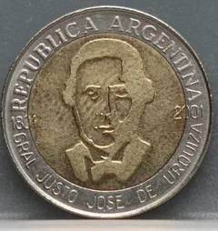 1 Peso 2001 Argentinië — 200e geboortedag Generaal Urquiza voorzijde, Buitenste ring: koper-nikkel; binnenste kern: aluminium