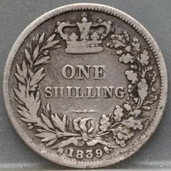 1 Shilling 1839 Verenigd Koninkrijk — Zilver achterzijde, Zilver .500