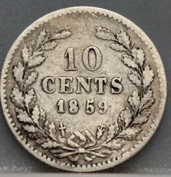 10 Cent 1859 — Dubbeltje Willem III Zilver achterzijde, Zilver 640/1000