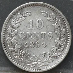 10 Cent 1894 — Zilveren Dubbeltje Wilhelmina achterzijde, zilver 640/1000