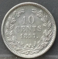 10 Cent 1897 — Zilveren Dubbeltje Wilhelmina achterzijde, Zilver 640/1000