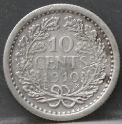 10 Cent 1910 — Zilveren Dubbeltje Wilhelmina achterzijde, Zilver 640/1000