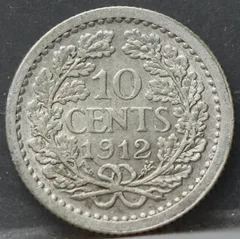 10 Cent 1912 — Dubbeltje Wilhelmina Lage Kroon achterzijde, zilver 640/1000