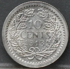 10 Cent 1913 — Zilveren Dubbeltje Wilhelmina achterzijde, Zilver 640/1000