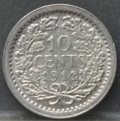 10 Cent 1914 – Zilveren Dubbeltje Wilhelmina achterzijde, Zilver 640/1000