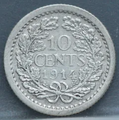 10 Cent 1914 — Zilveren Dubbeltje Wilhelmina achterzijde, Zilver 640/1000