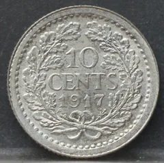 10 Cent 1917 — Zilveren Dubbeltje Wilhelmina achterzijde, zilver 640/1000