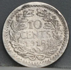 10 Cent 1918 – Zilveren Dubbeltje Wilhelmina achterzijde, Zilver 640/1000
