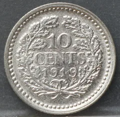 10 Cent 1919 — Zilveren Dubbeltje Wilhelmina achterzijde, Zilver 640/1000