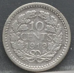 10 Cent 1919 — Zilveren Dubbeltje Wilhelmina achterzijde, Zilver 640/1000