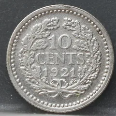 10 Cent 1921 — Zilveren Dubbeltje Wilhelmina achterzijde, zilver 640/1000