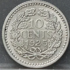 10 Cent 1925 — Zilveren Dubbeltje Wilhelmina achterzijde, Zilver 640/1000