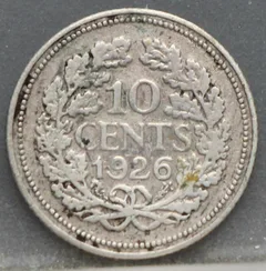 10 Cent 1926 – Zilveren Dubbeltje Wilhelmina achterzijde, Zilver 640/1000