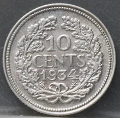 10 Cent 1934 — Zilveren Dubbeltje Wilhelmina achterzijde, zilver 640/1000