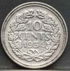 10 Cent 1934 — Zilveren Dubbeltje Wilhelmina achterzijde, zilver 640/1000