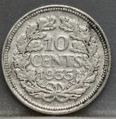 10 Cent 1935 — Dubbeltje Wilhelmina Zilver achterzijde, Zilver 640/1000