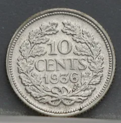 10 Cent 1936 — Zilveren Dubbeltje Wilhelmina achterzijde, zilver 640/1000