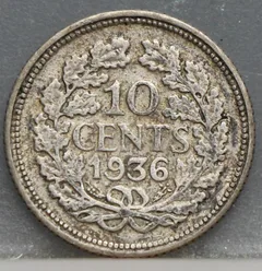 10 Cent 1936 — Zilveren Dubbeltje Wilhelmina achterzijde, zilver 640/1000