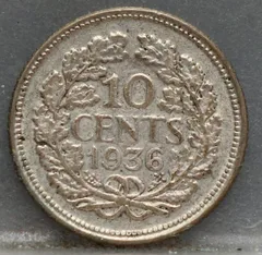 10 Cent 1936 — Zilveren Dubbeltje Wilhelmina achterzijde, zilver 640/1000