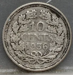10 Cent 1936 — Zilveren Dubbeltje Wilhelmina achterzijde, zilver 640/1000