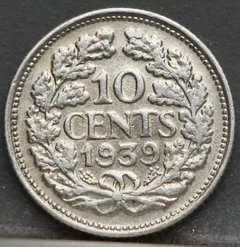10 Cent 1939 — Zilveren Dubbeltje Wilhelmina achterzijde, Zilver 640/1000