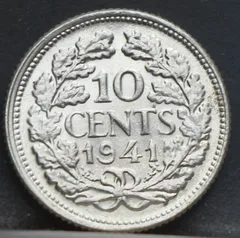 10 Cent 1941 — Dubbeltje Wilhelmina Zilver achterzijde, Zilver 640/1000