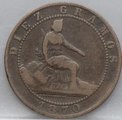 10 Centimos 1870 Spanje — Brons voorzijde