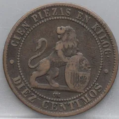 10 Centimos 1870 Spanje — Brons achterzijde