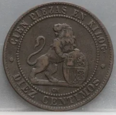 10 Centimos 1870 Spanje — Brons achterzijde