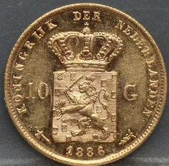 10 Gulden 1886 — Gouden Tientje Willem III achterzijde, Goud (Au)