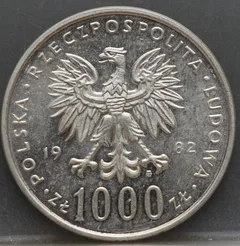 1000 Zlotych 1982 Polen — Bezoek Paus Johannes Paulus II achterzijde, Zilver .625