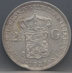 2½ Gulden 1929 — Rijksdaalder Wilhelmina Zilver achterzijde, Zilver .720