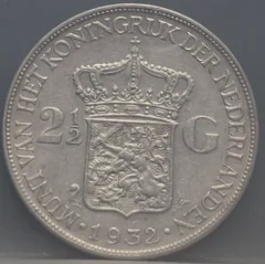 2½ Gulden 1932 Wilhelmina Zilver achterzijde, Zilver .720