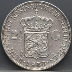 2½ Gulden 1933 — Rijksdaalder Zilver Wilhelmina achterzijde, Zilver .720
