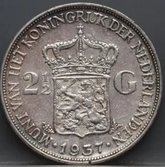 2½ Gulden 1937 Wilhelmina — Zilveren Rijksdaalder achterzijde, Zilver .720