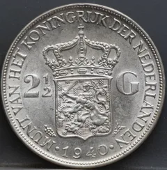 2½ Gulden 1940 — Zilveren Rijksdaalder Wilhelmina achterzijde